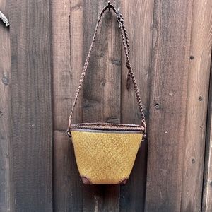 Elliot Lucca brown leather woven rattan shoulder bag purse Elliott